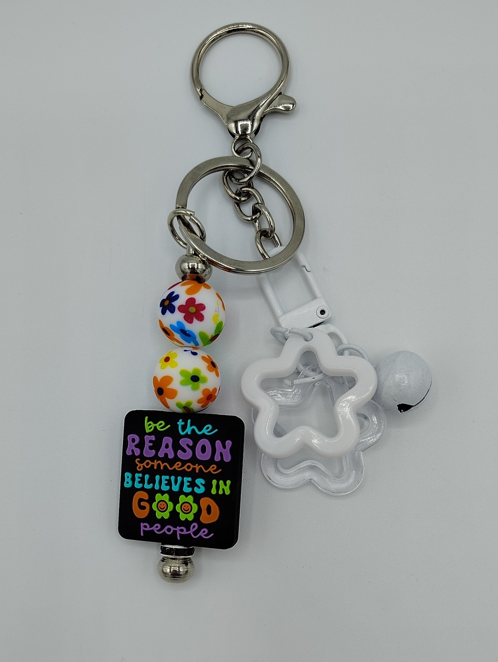 Handcrafted Inspirational Floral Keychain/Bag Charm - White, Black & Multicolor